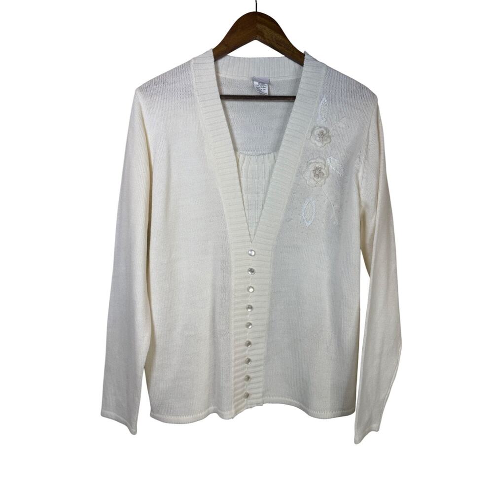 Vintage White Faux Cardigan Floral Embroidery Artisan DeLafield 80s 90s Preppy‎